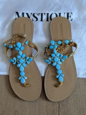 Mystique Boutique Gold Sandals with Turquoise Stones